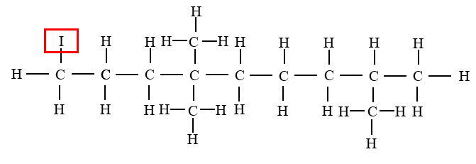 An Iodine atom is bonded to the 1st Carbon atom from the left